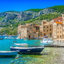 View of boats in Komiza Village